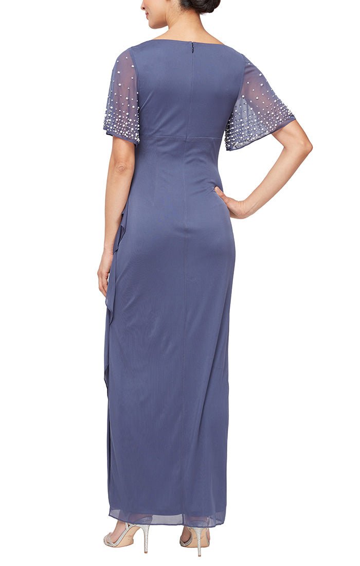 Petite Long Empire Waist Dress with Surplice Neckline Embellished Flutter Sleeves