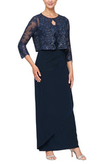 Petite Long Empire Waist Embroidered Jacket Dress with Hook Neck Closure Jacket and Cascade Detail Skirt - alexevenings.com