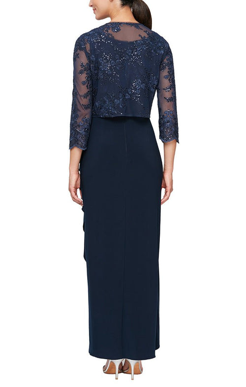 Petite Long Empire Waist Embroidered Jacket Dress with Hook Neck Closure Jacket and Cascade Detail Skirt - alexevenings.com