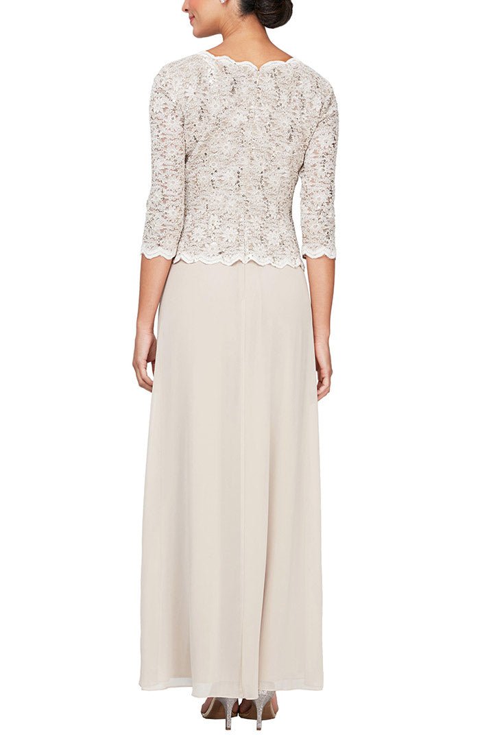 Petite Long Gown with Sequin Lace Bodice & Chiffon Skirt - alexevenings.com