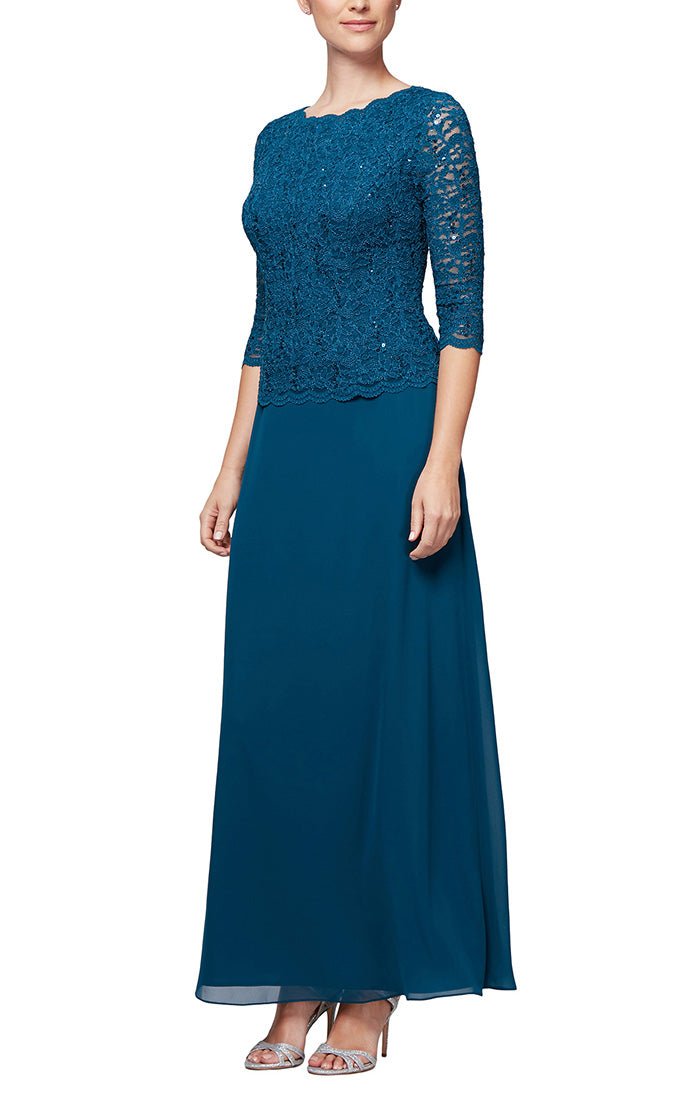 Petite Long Lace Mock Dress with Chiffon Skirt and Sequin Detail on Bodice - alexevenings.com