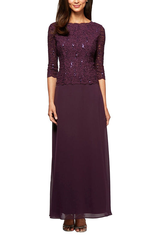 Petite Long Lace Mock Dress with Chiffon Skirt and Sequin Detail on Bodice - alexevenings.com