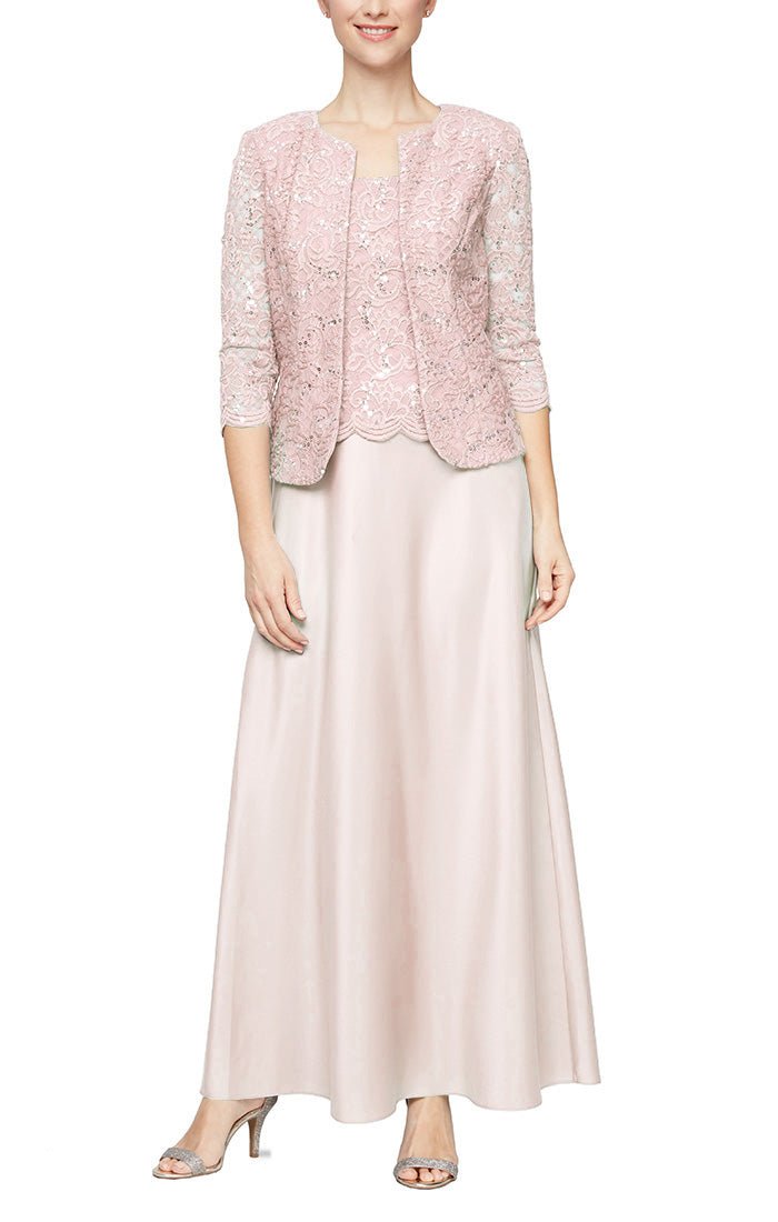 Petite Long Lace & Satin Jacket Gown with Open Jacket and Scoop Neck Bodice - alexevenings.com