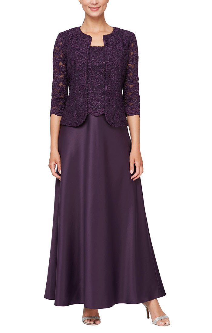 Petite Long Lace & Satin Jacket Gown with Open Jacket and Scoop Neck Bodice - alexevenings.com