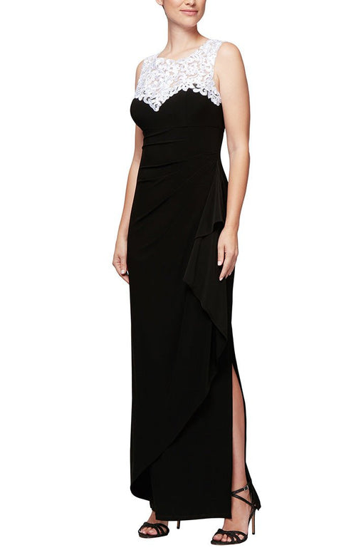 Petite Long Matte Jersey Cap Sleeve Gown with Side Ruched Detail and Embroidered, Embellished Illusion Neckline - alexevenings.com
