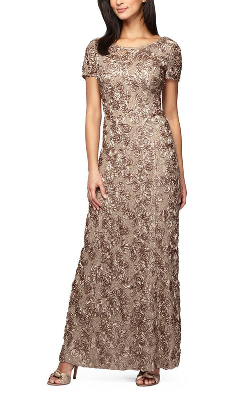 Petite Long Rosette A-Line Gown with Sequin Detail & Short Illusion Sleeves - alexevenings.com