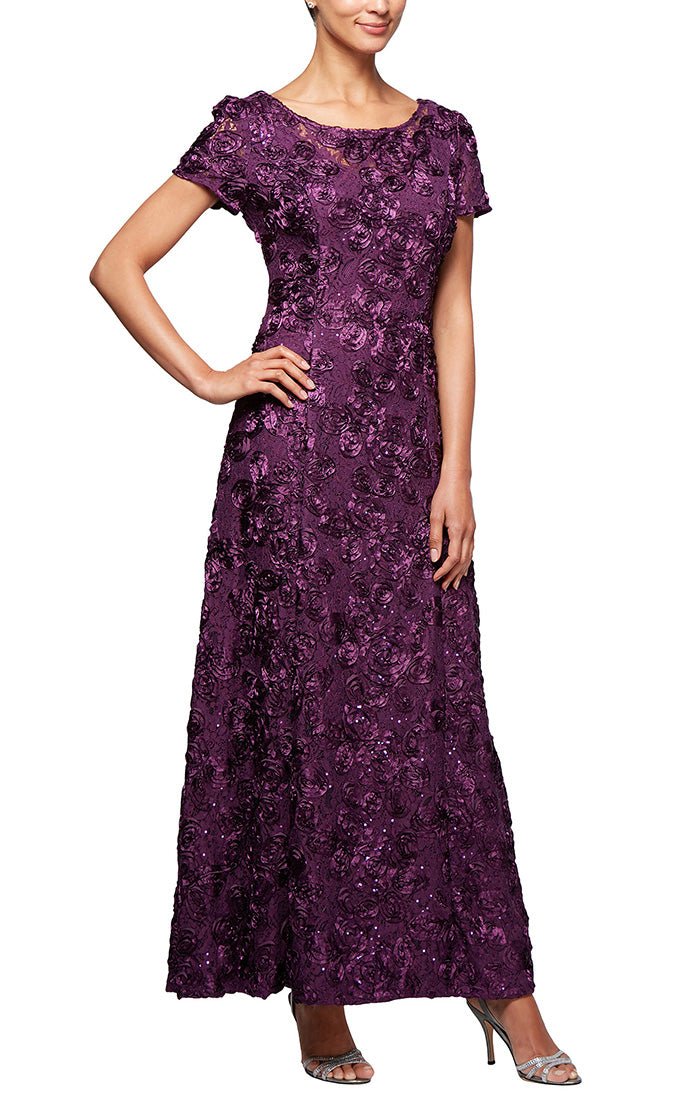 Petite Long Rosette A-Line Gown with Sequin Detail & Short Illusion Sleeves - alexevenings.com