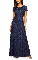 Petite Long Rosette A-Line Gown with Sequin Detail & Short Illusion Sleeves - alexevenings.com