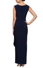 Petite Long Sleeveless Crepe Side Ruched Dress with Sweetheart Embroidered Lace Illusion Neckline & Side Slit - alexevenings.com