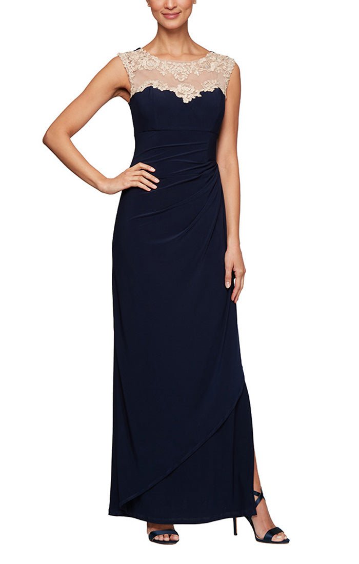 Petite Long Sleeveless Crepe Side Ruched Dress with Sweetheart Embroidered Lace Illusion Neckline & Side Slit - alexevenings.com
