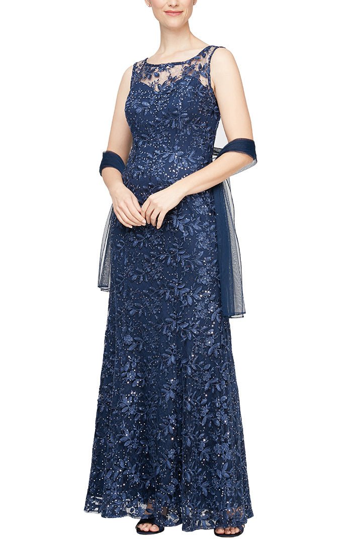 Petite Long Sleeveless Embroidered Dress With Illusion Neckline and Shawl - alexevenings.com