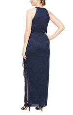 Petite Long Sleeveless Halter Neck Dress with Cascade Detail Skirt - alexevenings.com