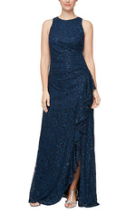 Petite Long Sleeveless Lace Dress with Cascade Ruffle Front Slit Detail - alexevenings.com