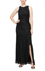 Petite Long Sleeveless Lace Dress with Cascade Ruffle Front Slit Detail - alexevenings.com