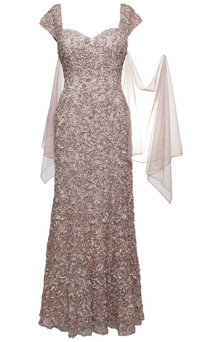 Petite Long Soutache Sweetheart Neckline Dress With Cap Sleeves and Shawl - alexevenings.com