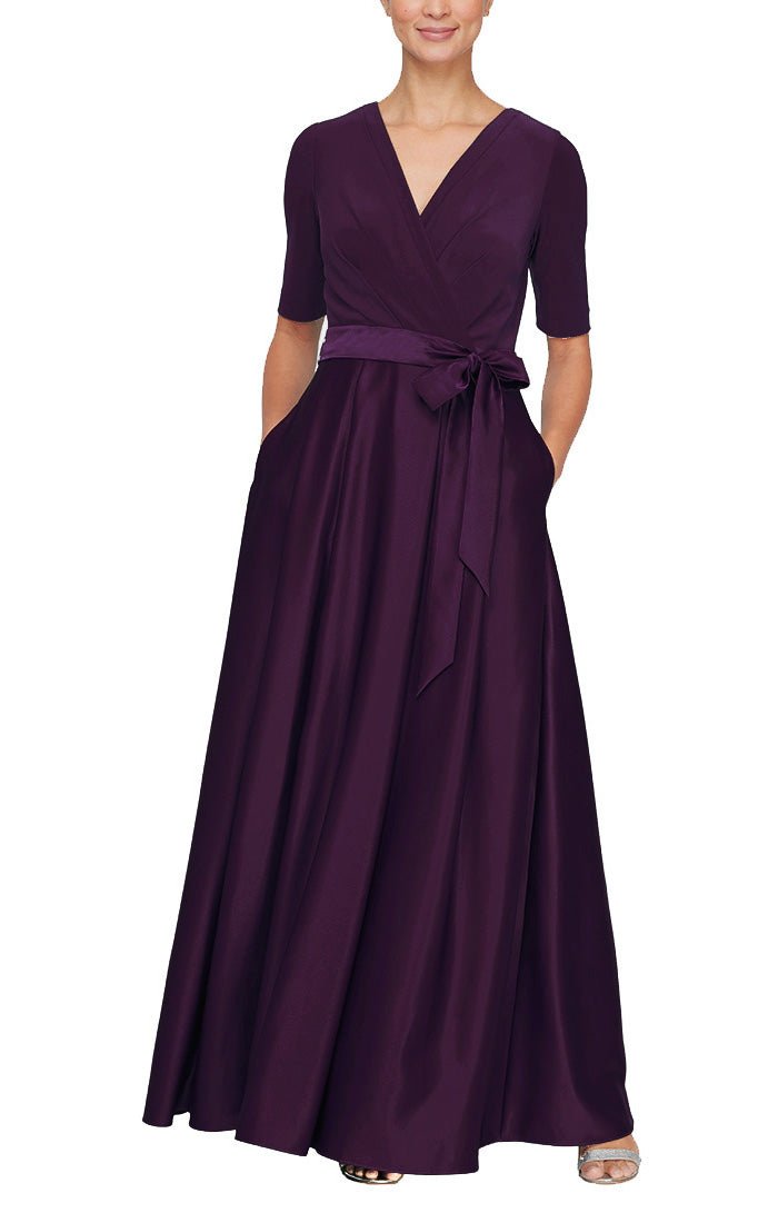 Petite Long Surplice Neckline Dress with Tie Waist and Elbow Sleeves - alexevenings.com