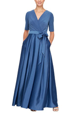 Petite Long Surplice Neckline Dress with Tie Waist and Elbow Sleeves - alexevenings.com