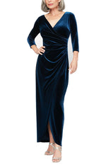 Petite Long Surplice Neckline Velvet Dress with Tulip Overlay Hem Skirt and 3/4 Sleeves - alexevenings.com