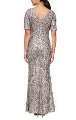 Petite Long V-Neck A-Line Sequin Dress with Cold Shoulder Flutter Sleeve - alexevenings.com