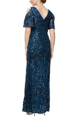 Petite Long V-Neck A-Line Sequin Dress with Cold Shoulder Flutter Sleeve - alexevenings.com