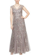 Petite Long V-Neck Embroidered Fit and Flare Dress with Illusion Neckline and Godet Detail Skirt - alexevenings.com