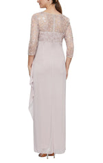 Petite Long V-Neck Empire Waist Dress with Illusion Sleeves and Cascade Ruffle Detail Skirt - alexevenings.com