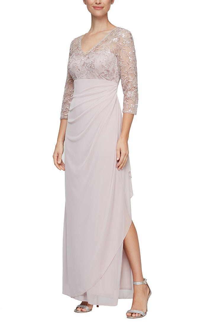 Petite Long V-Neck Empire Waist Dress with Illusion Sleeves and Cascade Ruffle Detail Skirt - alexevenings.com