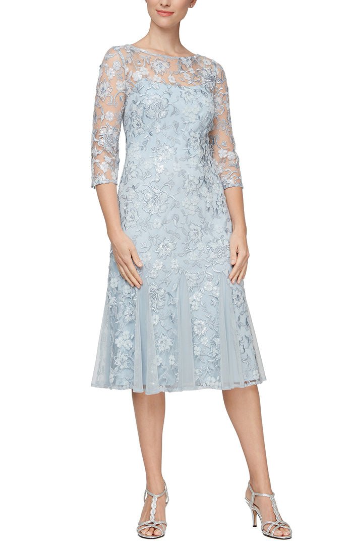 Petite Midi Length Embroidered Fit and Flare Dress with Illusion Neckline and Sleeves and Godet Detail Skirt - alexevenings.com
