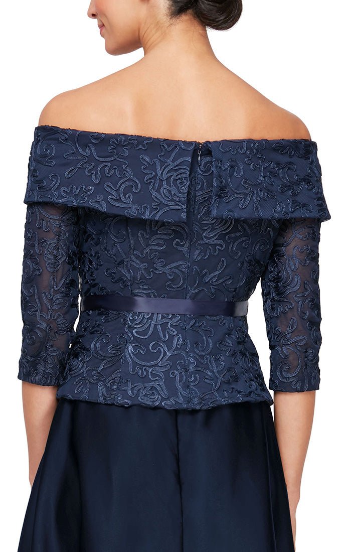 Petite Off the Shoulder Soutache Blouse with Tie Belt and Illusion Sleeves - alexevenings.com