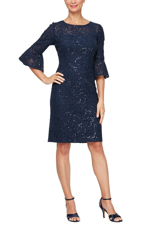 Petite Sequin Sheath Dress with Illusion Neckline & Bell Sleeves - alexevenings.com