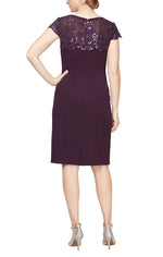 Petite Short Cap Sleeve Sheath Dress With Embroidered Illusion Neckline - alexevenings.com