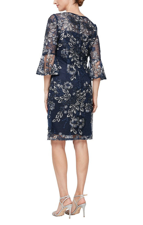 Petite - Short Embroidered Sheath Cocktail Dress with Illusion Neckline & Bell Sleeves - alexevenings.com