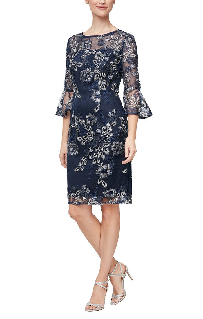 Petite - Short Embroidered Sheath Cocktail Dress with Illusion Neckline & Bell Sleeves - alexevenings.com