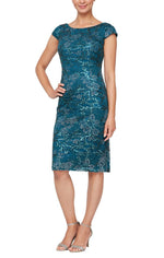 Petite - Short Embroidered Sheath Dress with Cap Sleeves and Sequin Detail - alexevenings.com