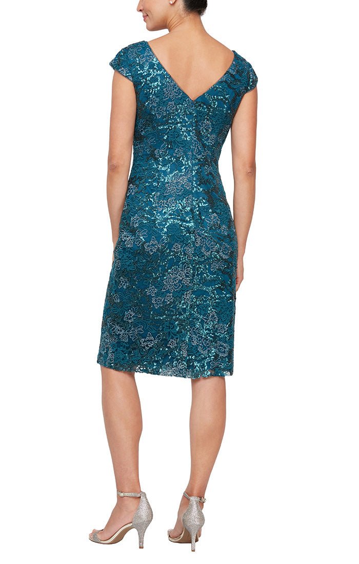 Petite - Short Embroidered Sheath Dress with Cap Sleeves and Sequin Detail - alexevenings.com