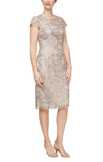 Petite Short Embroidered Sheath Dress with Illusion Neckline and Cap Sleeves - alexevenings.com