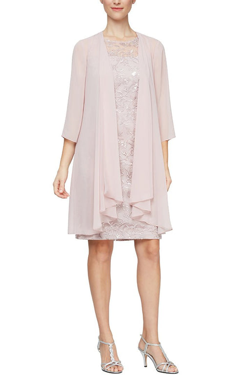 Petite Short Embroidered Sheath Dress with Illusion Neckline and Elongated Cascade Ruffle Open Jacket - alexevenings.com
