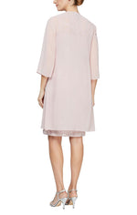 Petite Short Embroidered Sheath Dress with Illusion Neckline and Elongated Cascade Ruffle Open Jacket - alexevenings.com