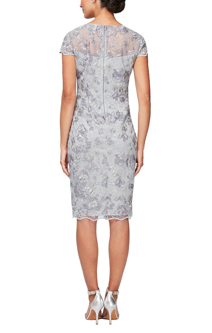 Petite - Short Embroidered Sheath Dress with Illusion Neckline, Short Sleeves and Scallop Detail - alexevenings.com