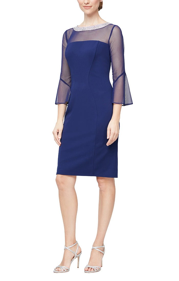 Petite Short Sheath Crepe Cocktail Dress with Beaded Illusion Neckline & Bell Sleeves - alexevenings.com