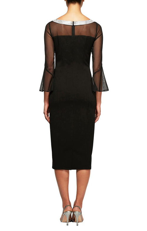 Petite Short Sheath Crepe Cocktail Dress with Beaded Illusion Neckline & Bell Sleeves - alexevenings.com