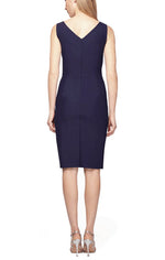 Petite Short Side Ruched Compression Collection Dress with Surplice Neckline, Cascade Ruffle Skirt and Beaded Detail at Hip - alexevenings.com