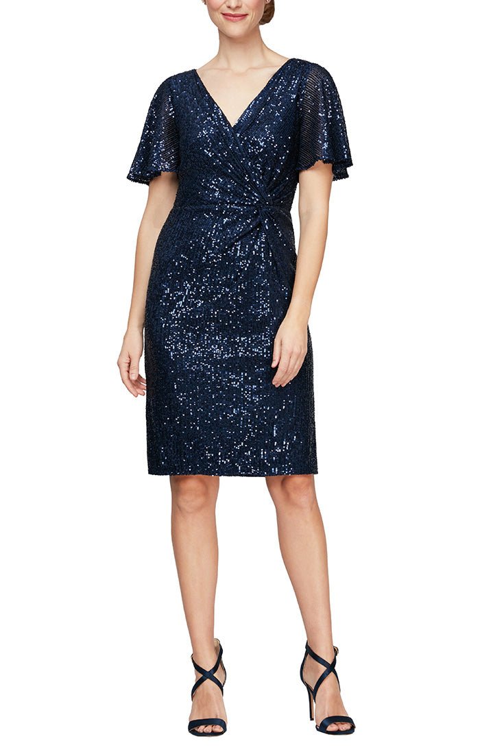 Petite Short Surplice Neckline Dress with Knot Front Detail and Flutter Sleeves - alexevenings.com