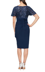 Petite - Short V-Neck Empire Waist Sheath Dress with Flutter Sleeves and Cascade Detail Skirt - alexevenings.com