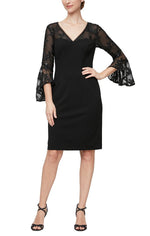 Petite Short V-Neck Sheath Crepe Dress with Illusion Neckline & Cascade Bell Sleeves - alexevenings.com