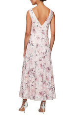 Petite Tea-Length Cowl Neck Printed Dress with High/Low Skirt and Shawl - alexevenings.com