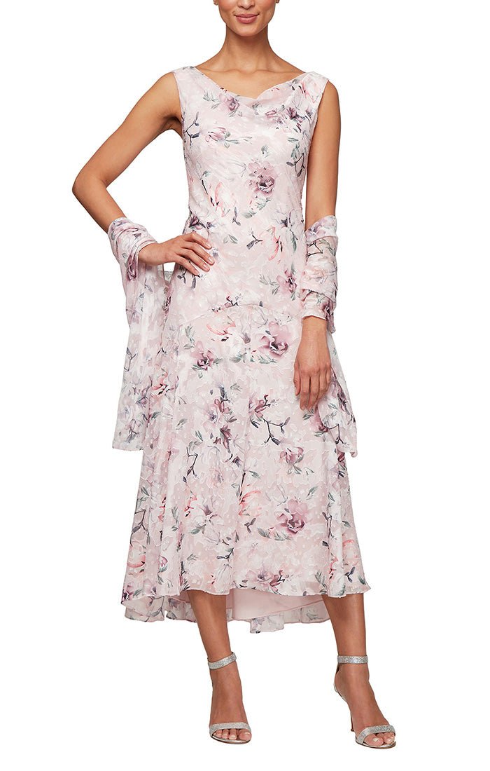 Petite Tea-Length Cowl Neck Printed Dress with High/Low Skirt and Shawl - alexevenings.com