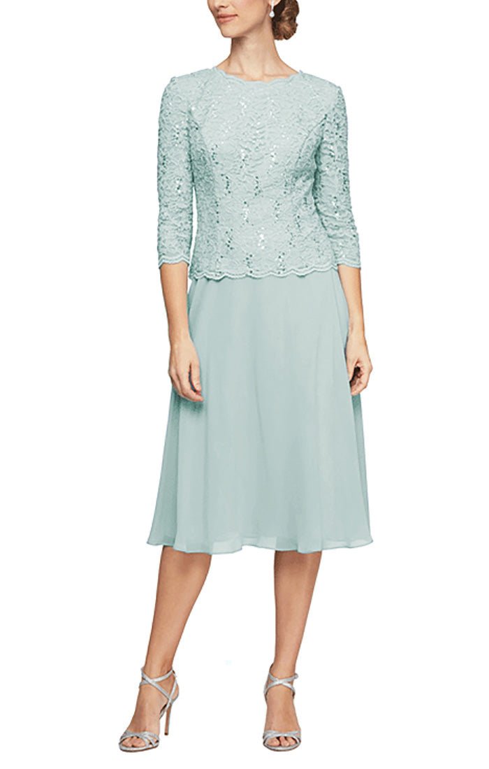 Petite Tea-Length Dress with Sequin Lace Bodice & Chiffon Skirt - alexevenings.com