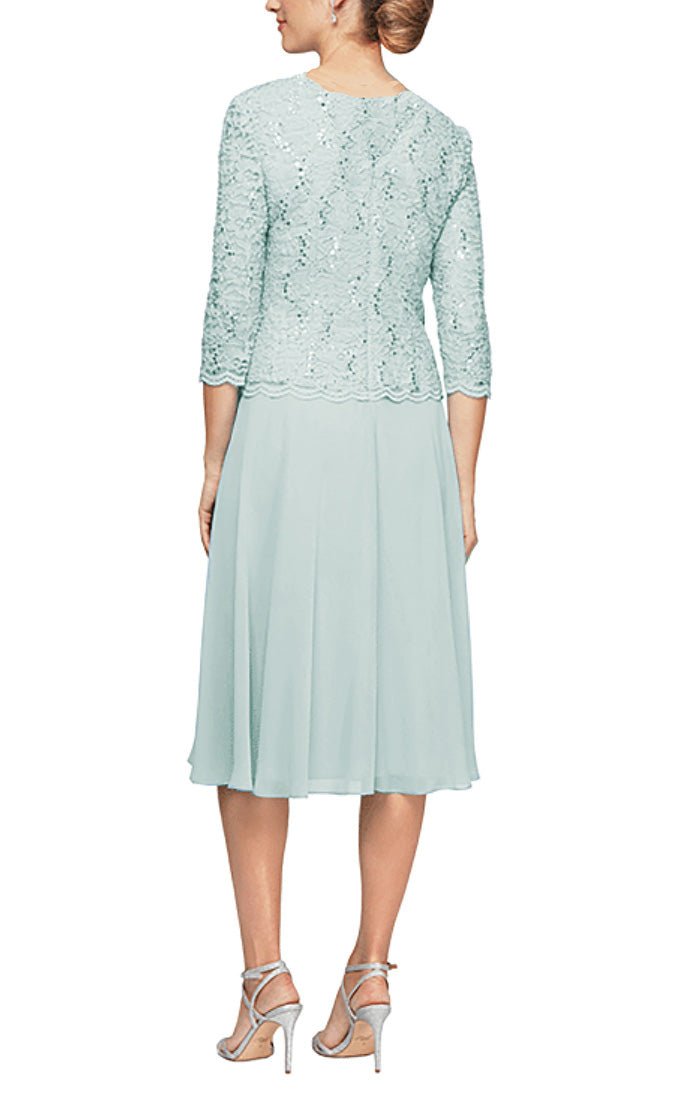 Petite Tea-Length Dress with Sequin Lace Bodice & Chiffon Skirt –
