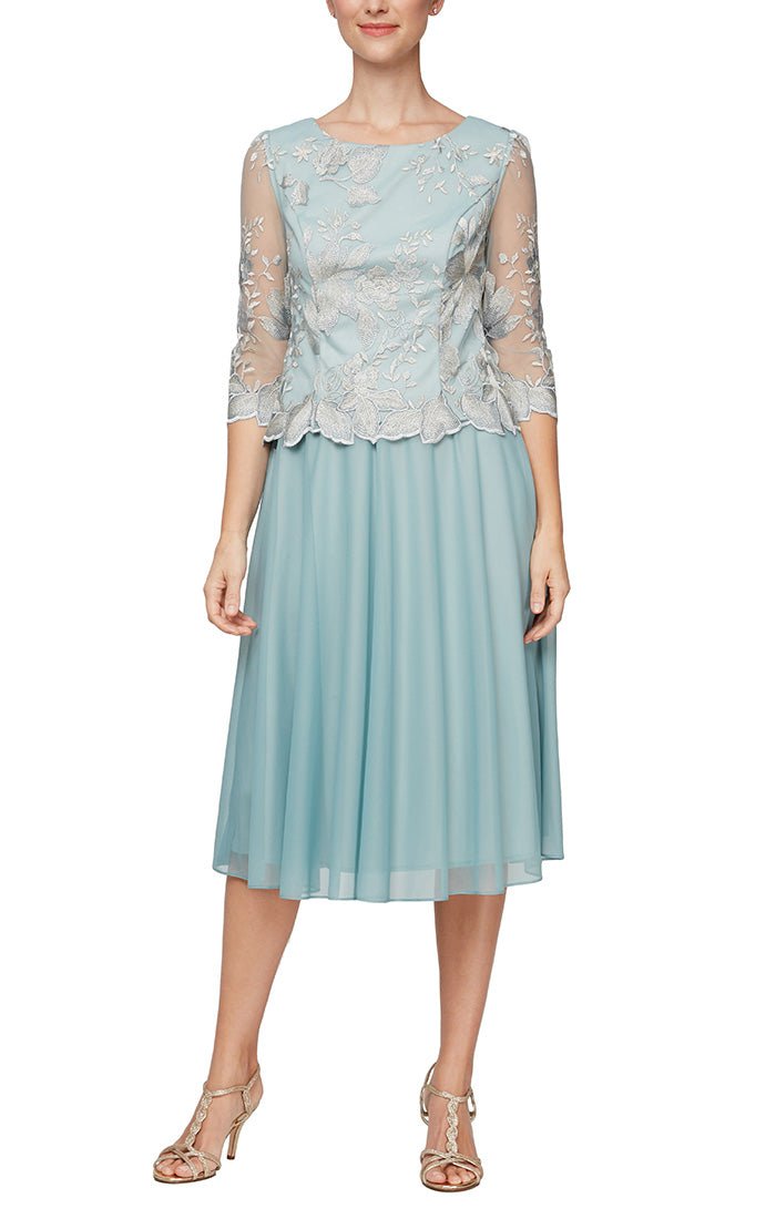 Petite Tea-Length Embroidered Dress with Illusion Sleeves, Scallop Detail and Full Skirt - alexevenings.com